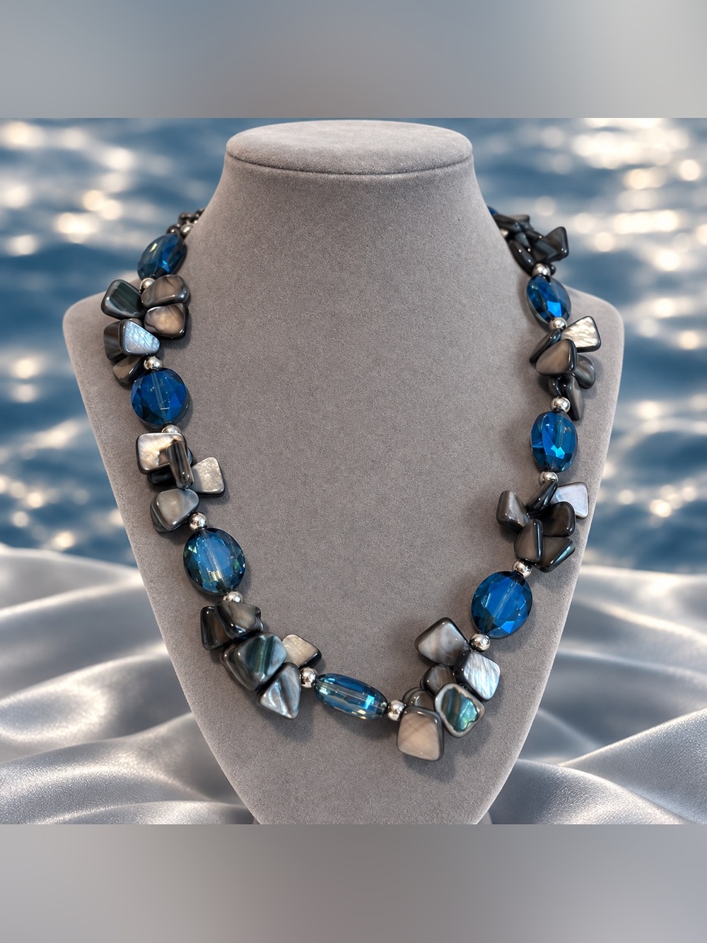 Midnight Ocean Blue Glass & Iridescent Shell Cluster Statement Necklace
